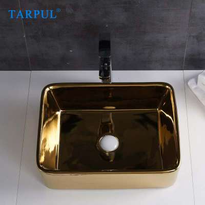 Tarpul Rectangle Tabletop Ceramic Hotel Vessel Sink Bathroom Countertop Gold Basin