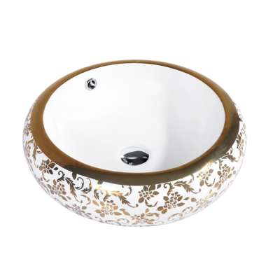 Round Ceramic Sink Ceramic Art Basin in Bathroom Gold Basin